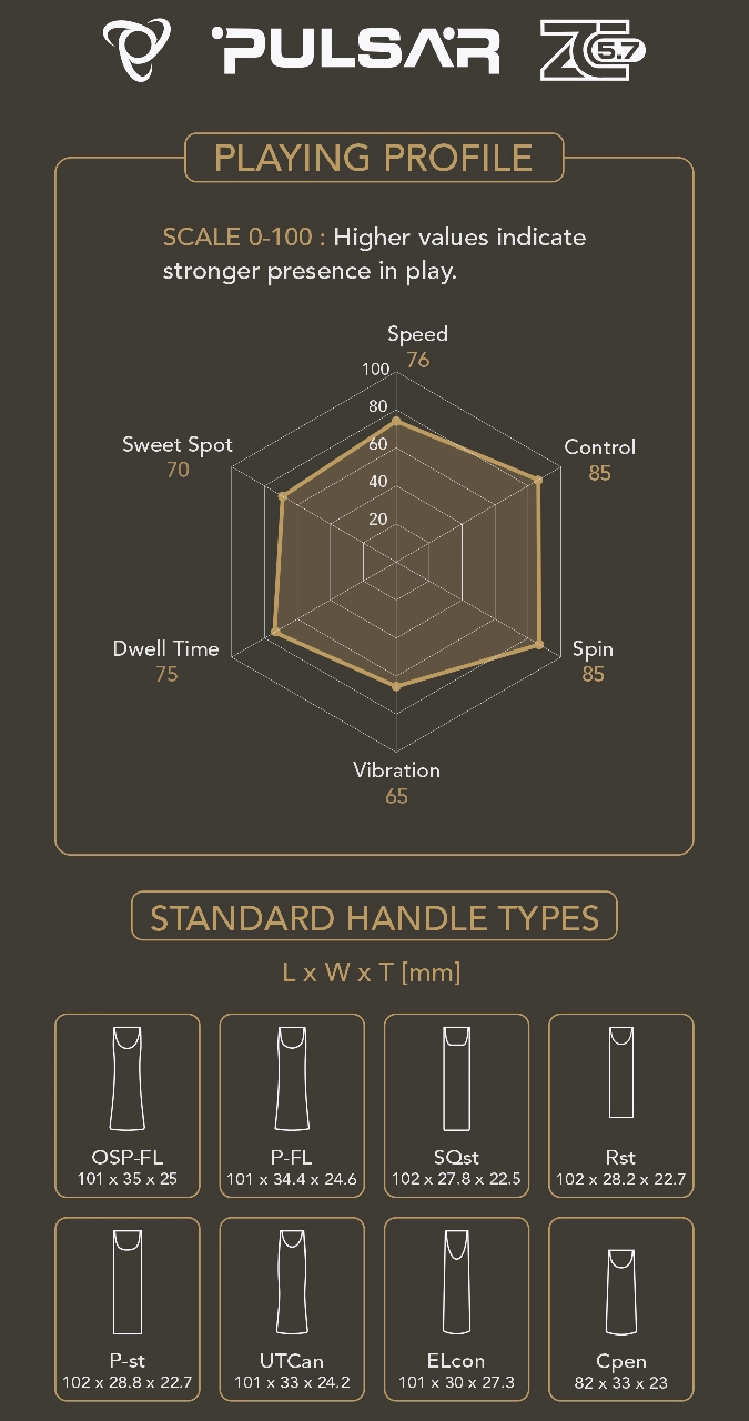Palatinus Pulsar ZC 5.7 offensive table tennis blade datasheet with playing profile, specifications, head sizes and handle types