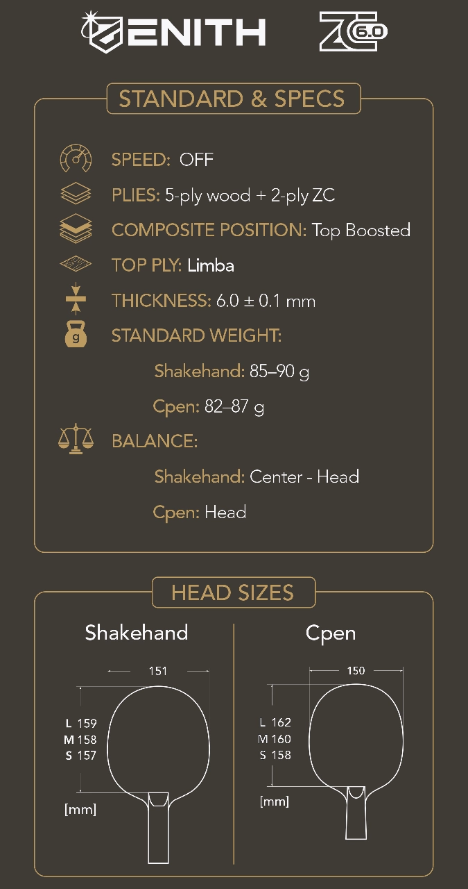 Palatinus Zenith ZC 6.0 specifications: OFF Pro, Limba top ply, 5-ply wood with 2-ply ZC, 6.0 mm, shakehand and Cpen head sizes
