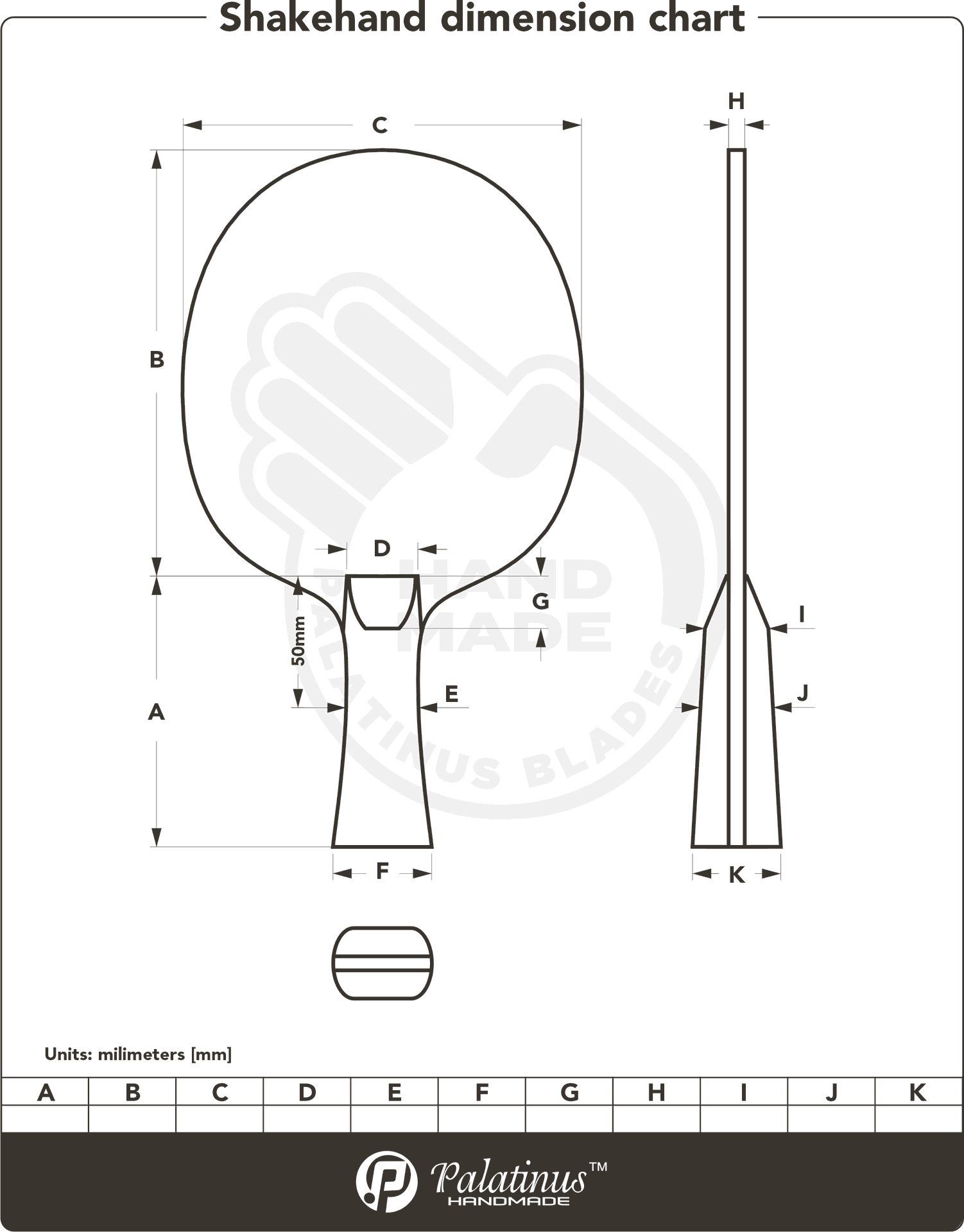 Palatinus Handmade Shakehand Dimension Chart